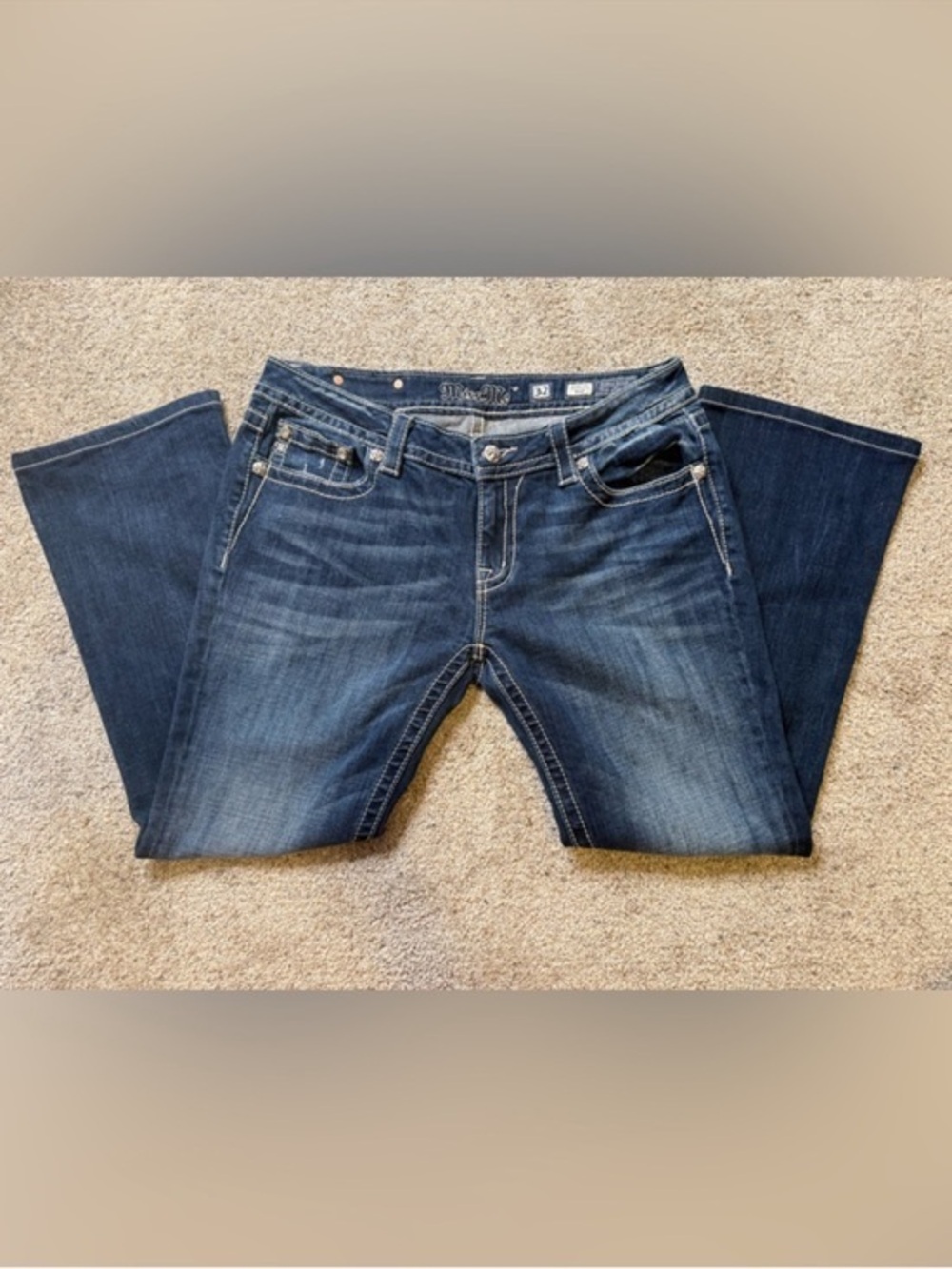 Miss Me Dark Indigo Jeans with Embroidered Waistband 32 short